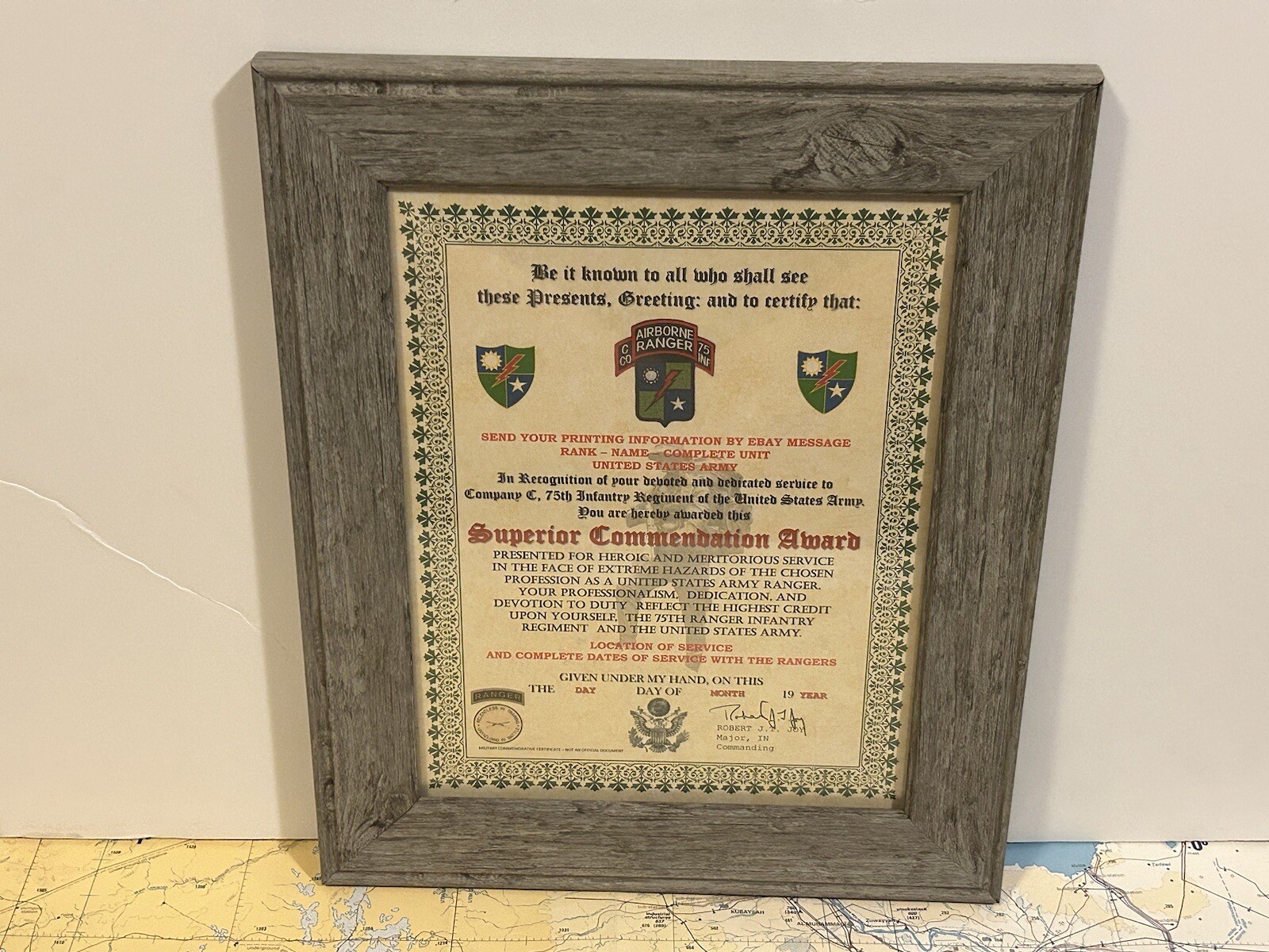 U.S. ARMY - 75TH RANGER / C CO - SUPERIOR COMMENDATION AWARD CERTIFICATE