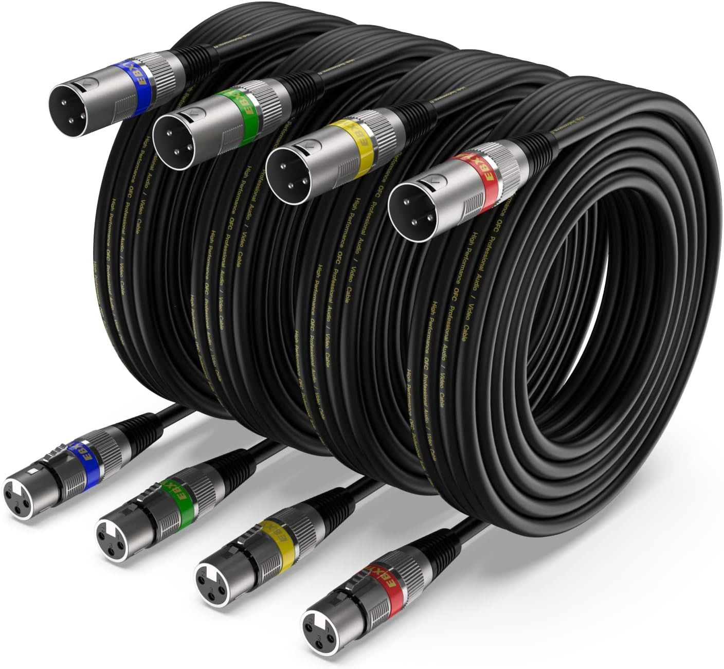 XLR Cable 15Ft 4 Packs - Premium Balanced DMX Cable with 3-Pin XLR Male to Femal