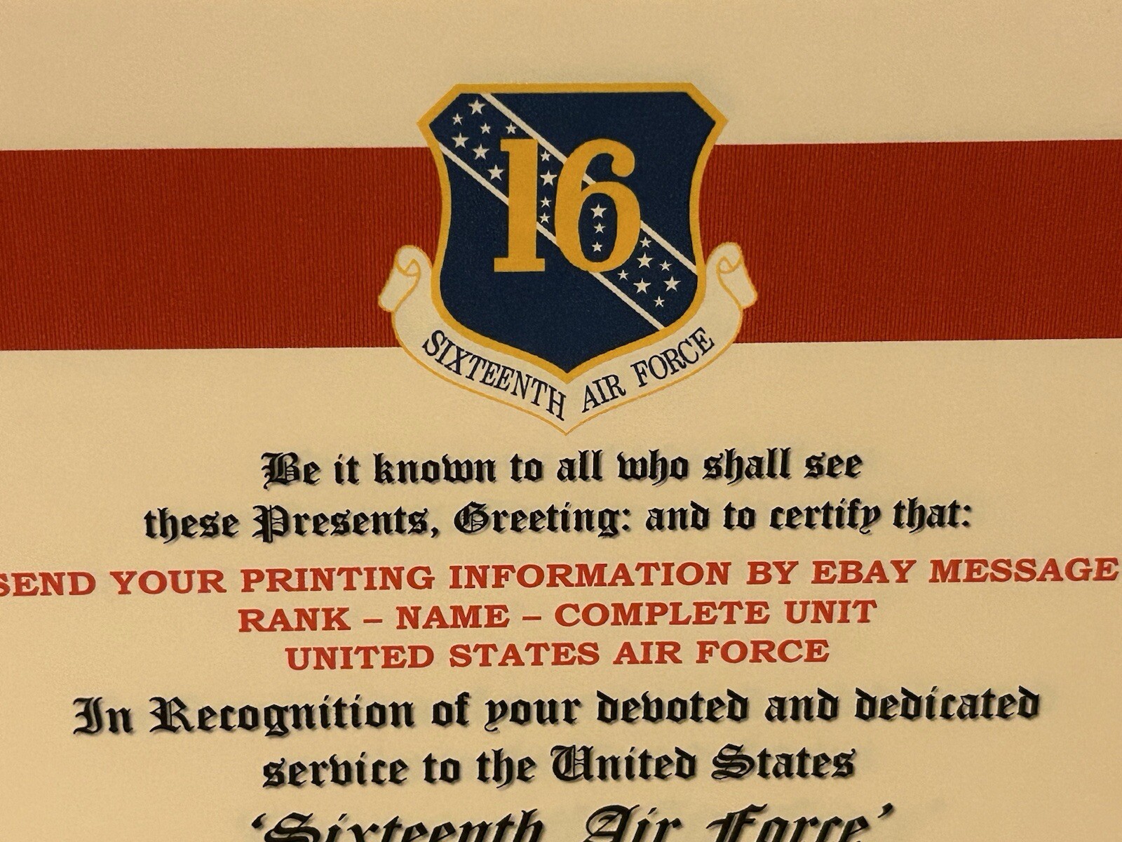 U.S. AIR FORCE / 16TH AIR FORCE - MERITORIOUS UNIT COMMENDATION CERTIFICATE