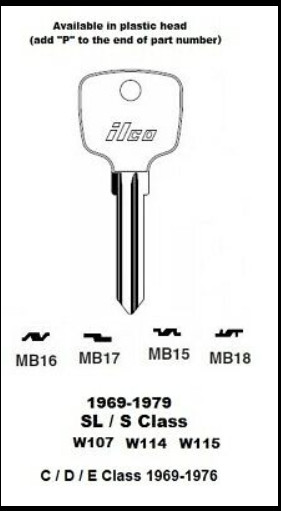 Key Blank for Vintage Mercedes S & SL Class 1969 to 1979 (see code series)