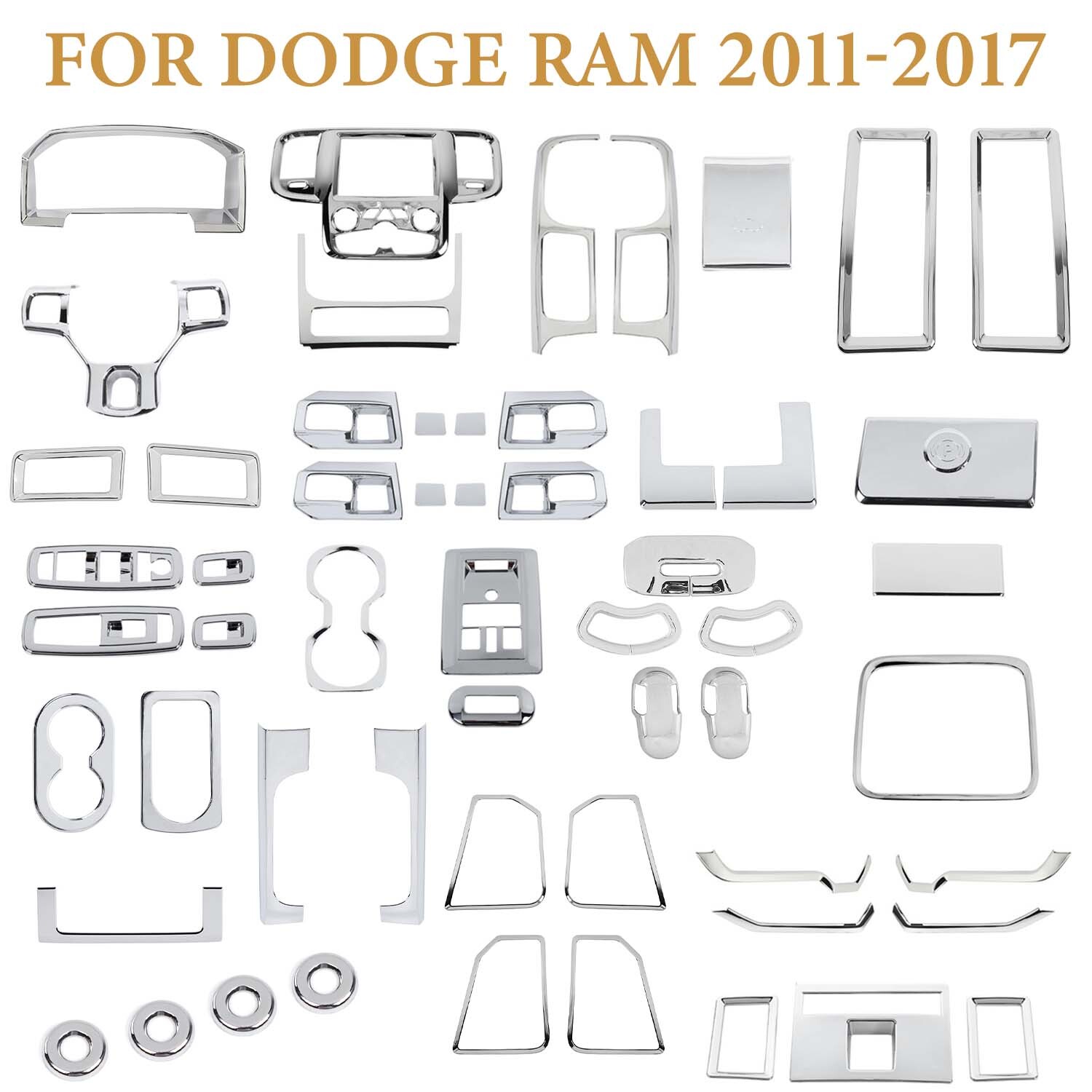 Triple Chrome For Dodge RAM 1500 10-17 Interior Console Full Set Kit Cover Trim
