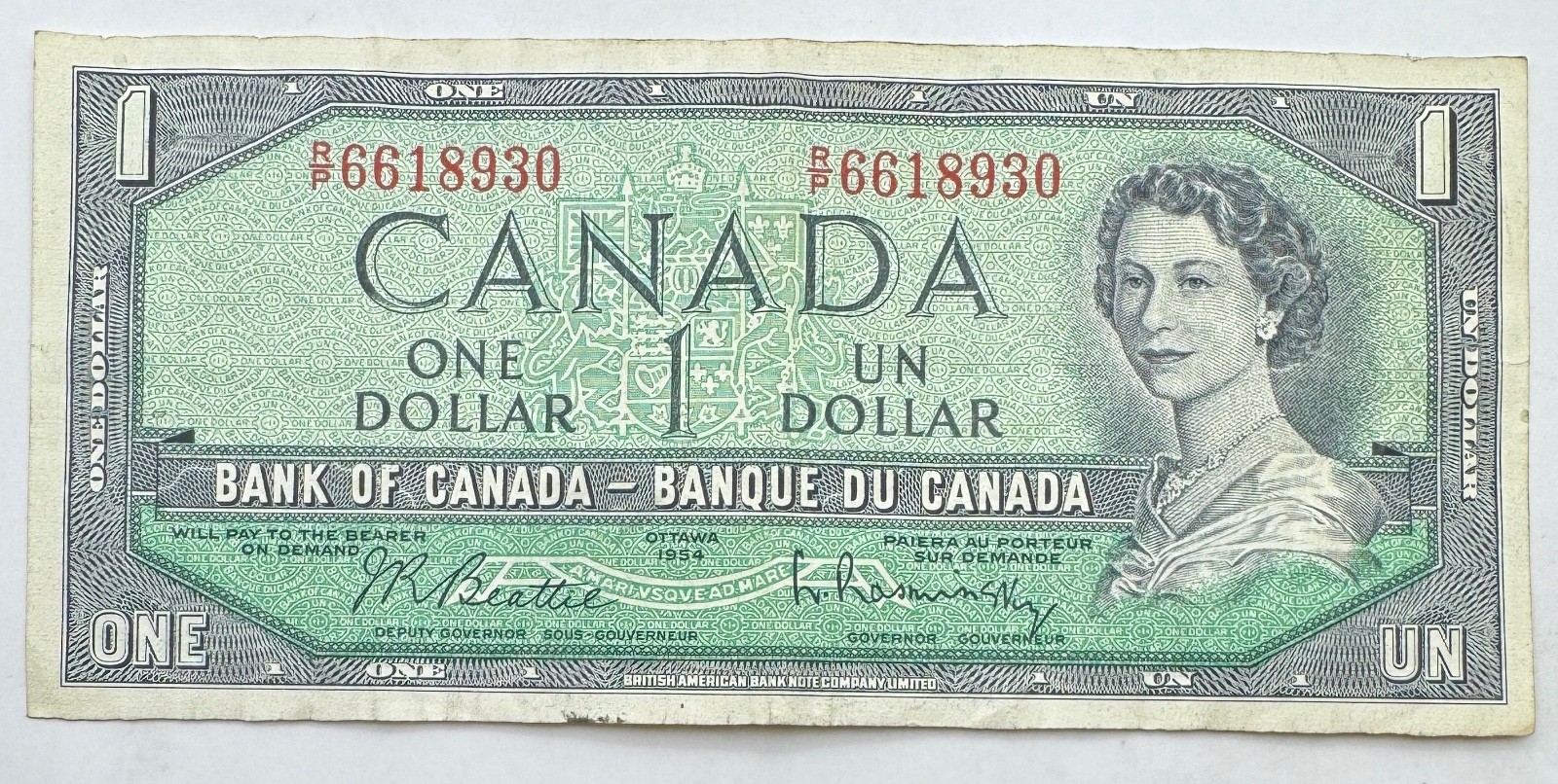 1954 Canada $1 Bill- One Dollar Note- Canadian Foreign Paper Currency-Ships Free