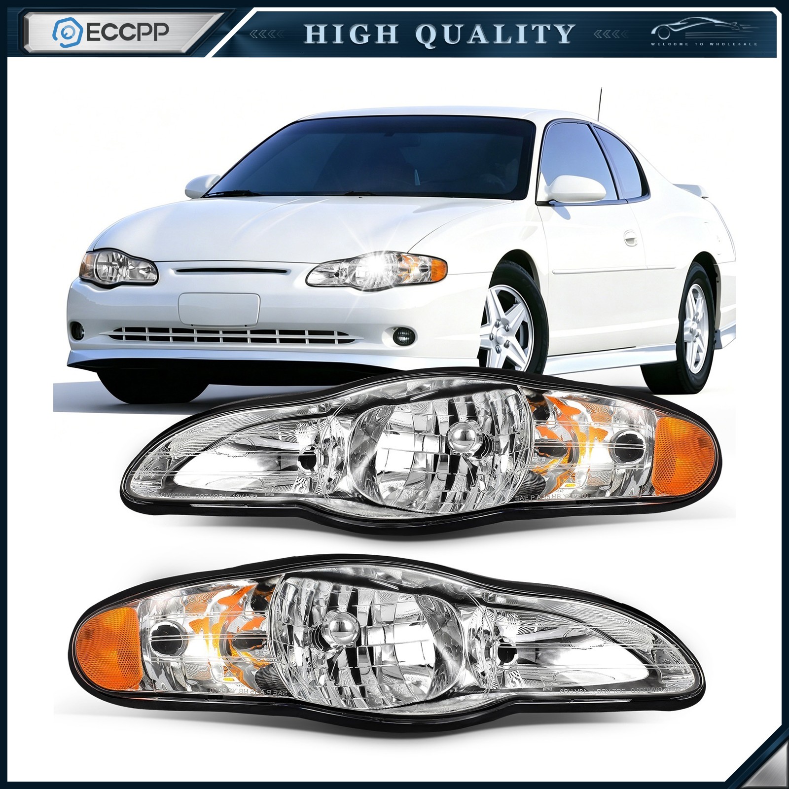 Pair Chrome Headlights Assembly For 2000-2005 Chevy Monte Carlo Couple 2-Door