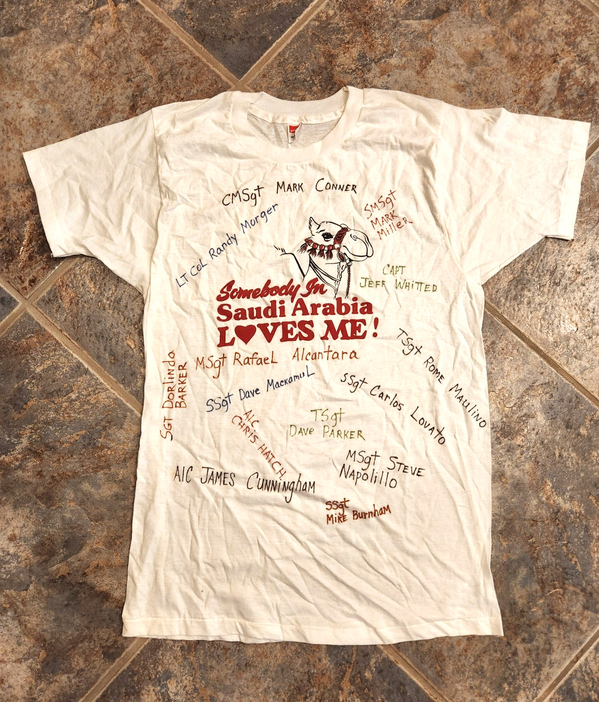 Autographed Desert Storm U.S. Army Somebody In Saudi Arabia Loves Me Tour Shirt