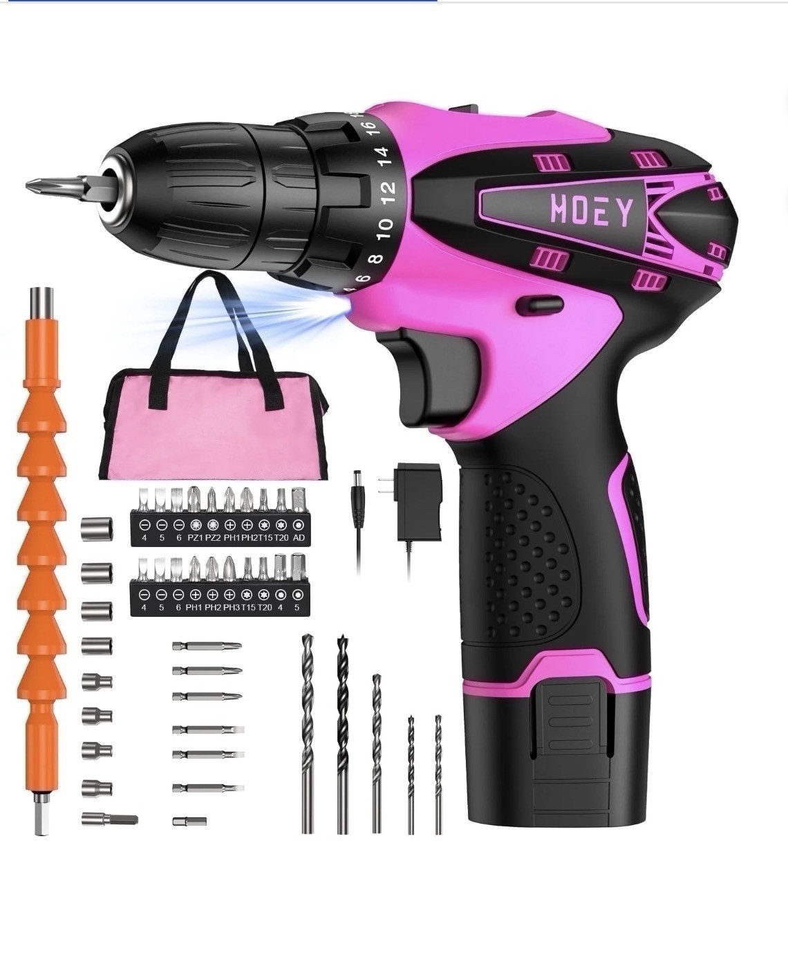 Drill electric,MOEY 12V Pink Cordless, Light, Variable Speed, Flexible Shaft