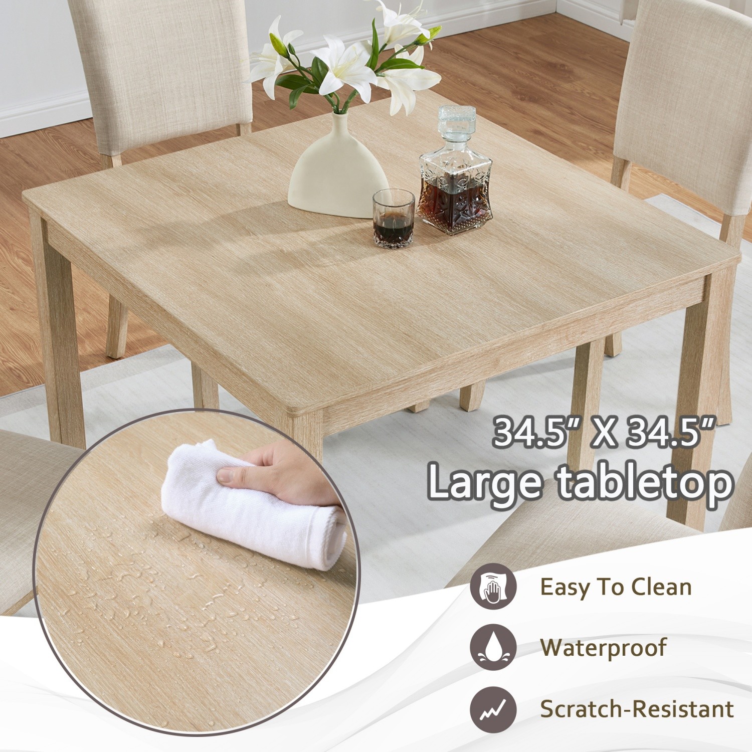 5 Piece Dining Table Set Wood Dining Table with 4 Upholstered Chair for Kitchen