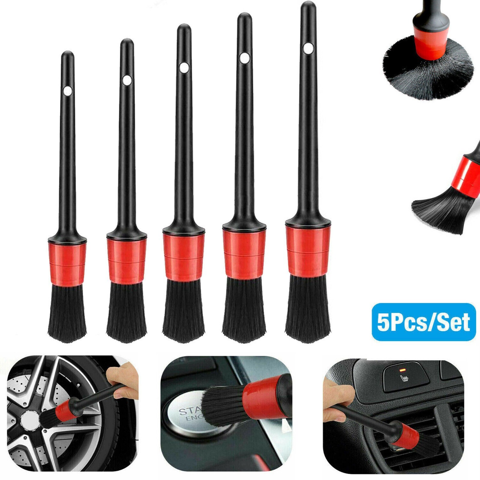 5PC Car Detailing Brush Kit Boar Hair Vehicle Auto Interior For Wheel Clean Sets