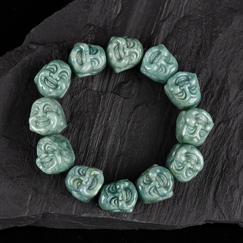 Custom 6pcs Natural Grade Jadeite Deep Bean Green Head Bead Bracelet