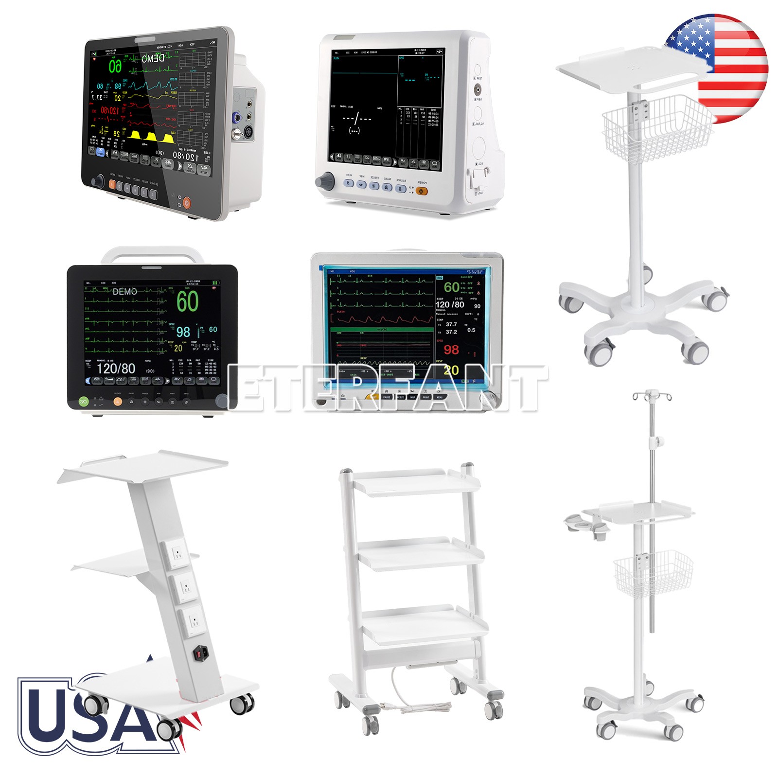 Patient Monitor ICU CCU Vital Sign/Dental Medical Mobile 3 Tiers Trolley Cart