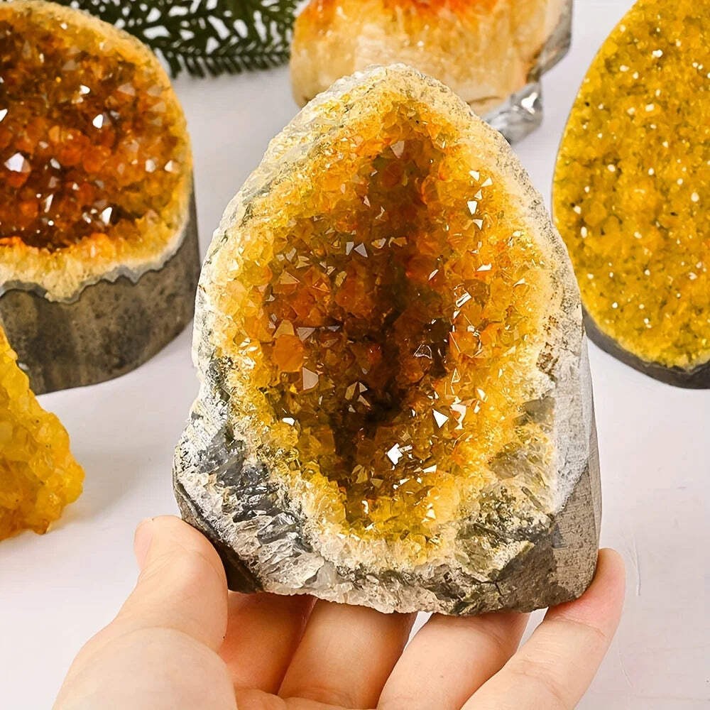 Natural Yellow Quartz Crystal Geode Cluster with Polished Mineral Inclusions