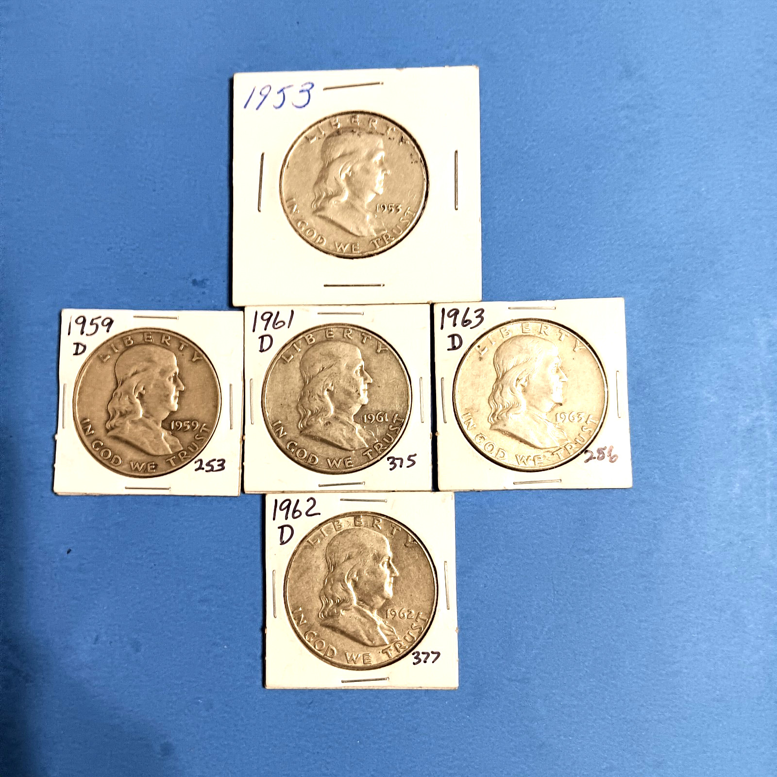 5LOT FRANKLIN GENUINE U S SILVER HALF DOLLARS-90% SILVER- RECEIVE COINS PICTURED