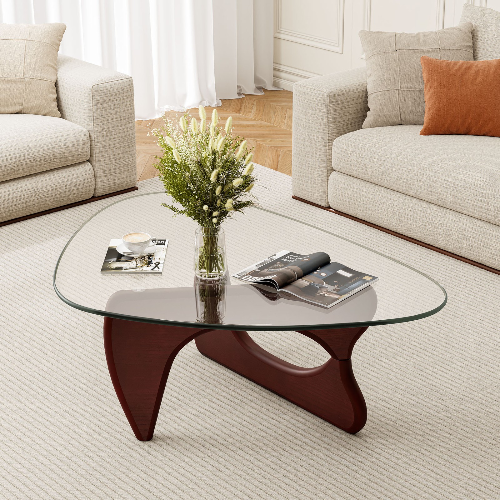Used Noguchi Style Coffee Table Triangle Glass Top Premium Solid Hardwood Base