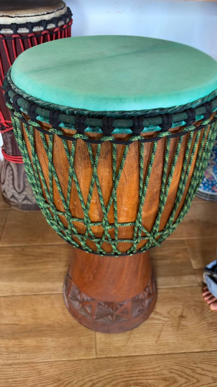 Large Carved African Wood Djembe Green Rope Green Head Newly Installed