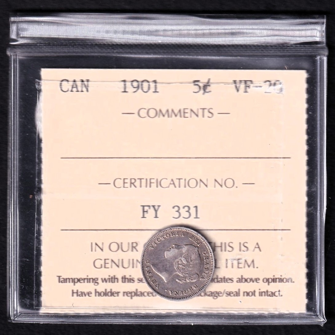 Canada 1901 5c Five Cent Silver Nickel ICCS Certified VF-20 .925 Silver Victoria