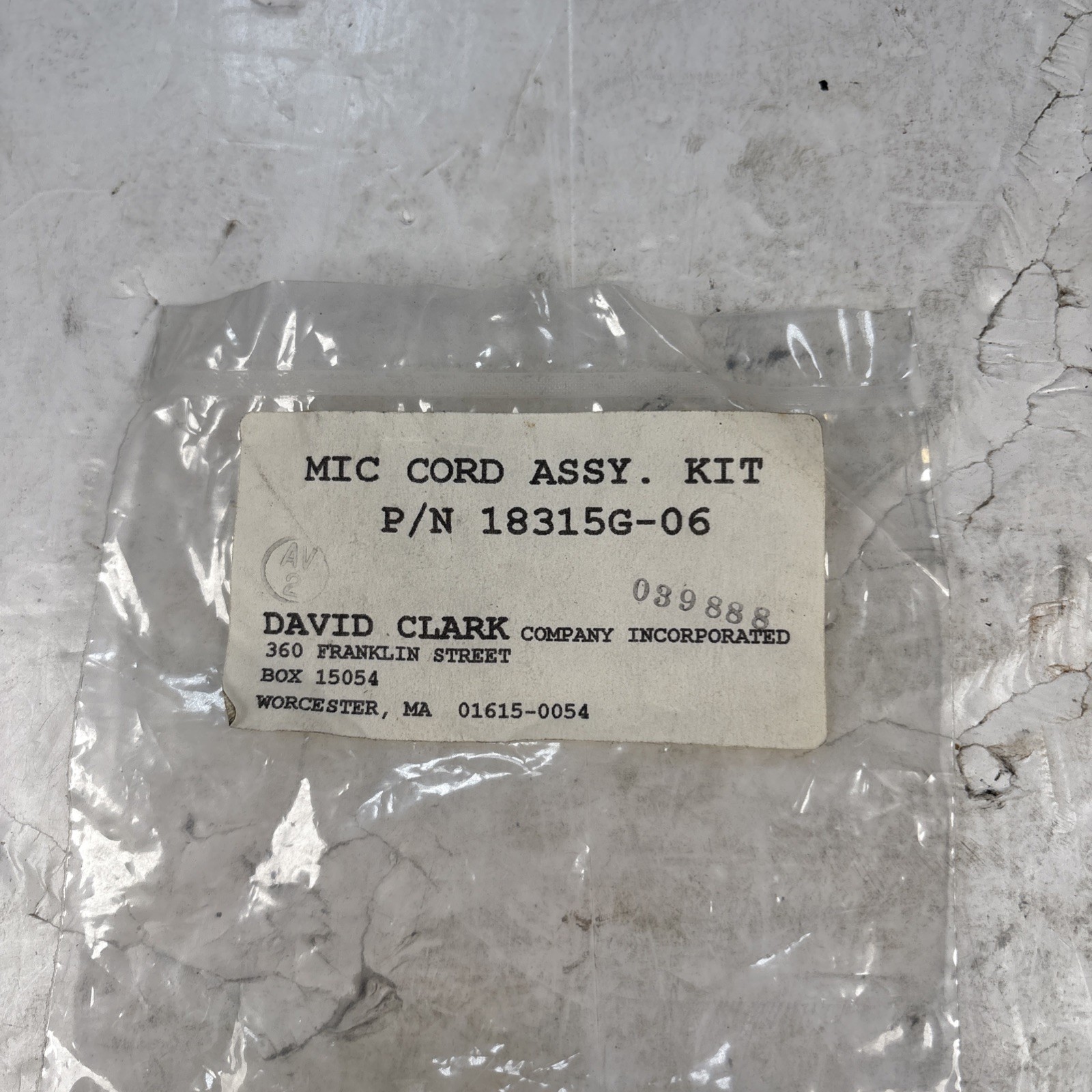 David Clark microphone cord assembly kit PN 18315G-06