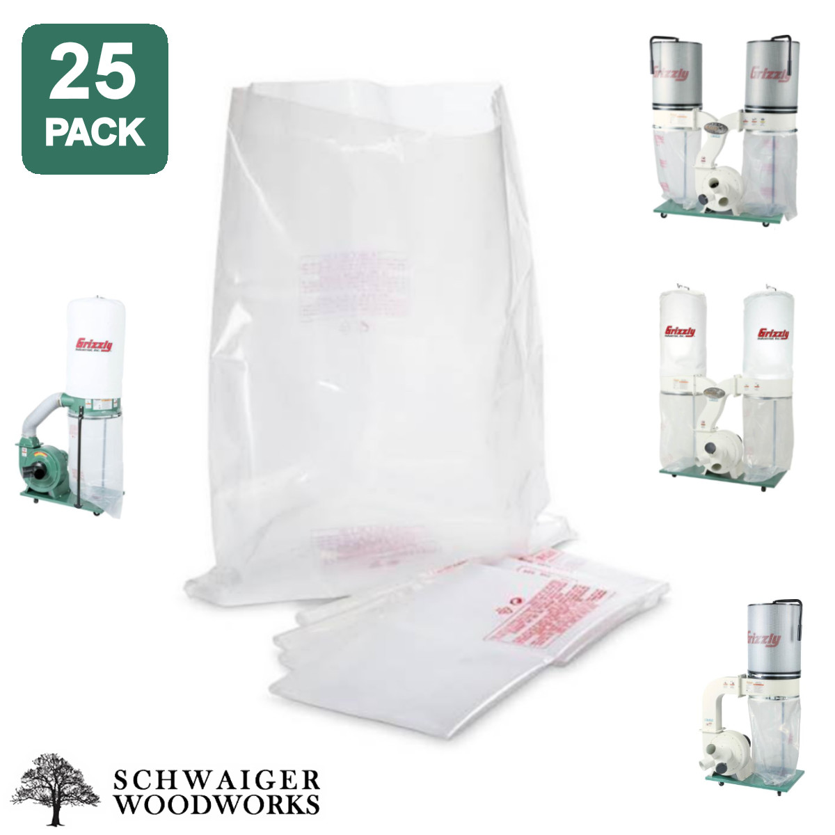 (25) Plastic Dust Collector Bags for Grizzly G0548ZP, G0562ZP, G1030Z2P, G1028Z2