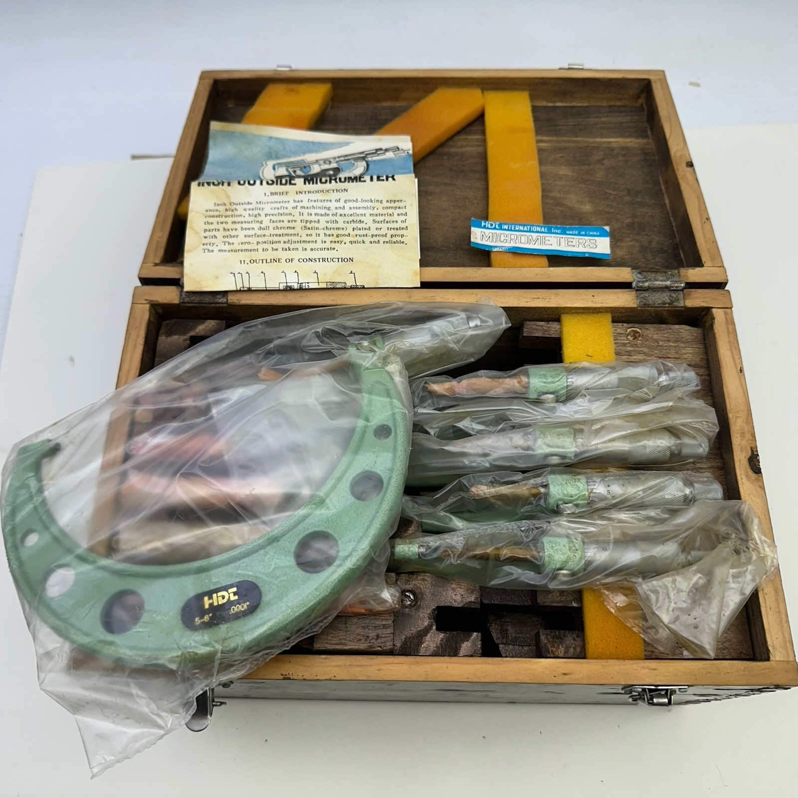 HDT International Outside Micrometers Vintage Set Of 5 - New Old Stock With Case