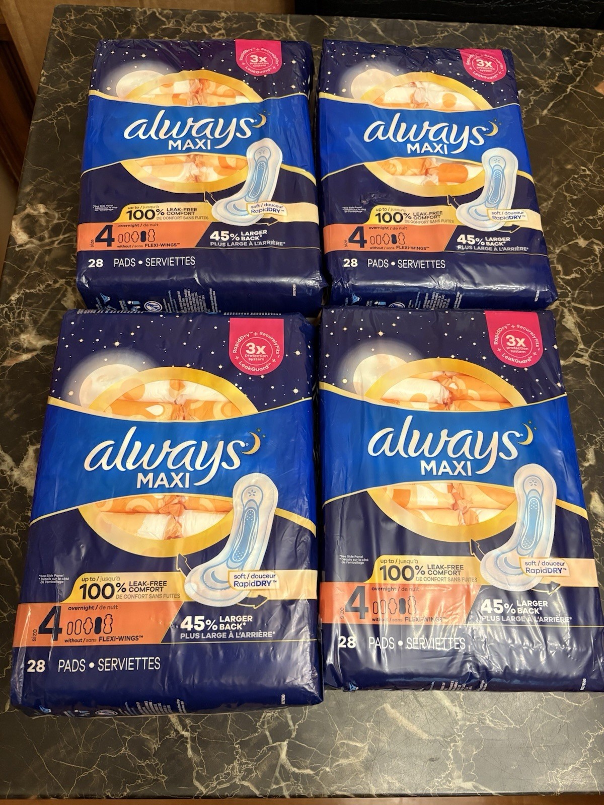 (4)Always Maxi Pads without Wings Size 4 Overnight Absorbency, 28 X 4 (112 Pads)