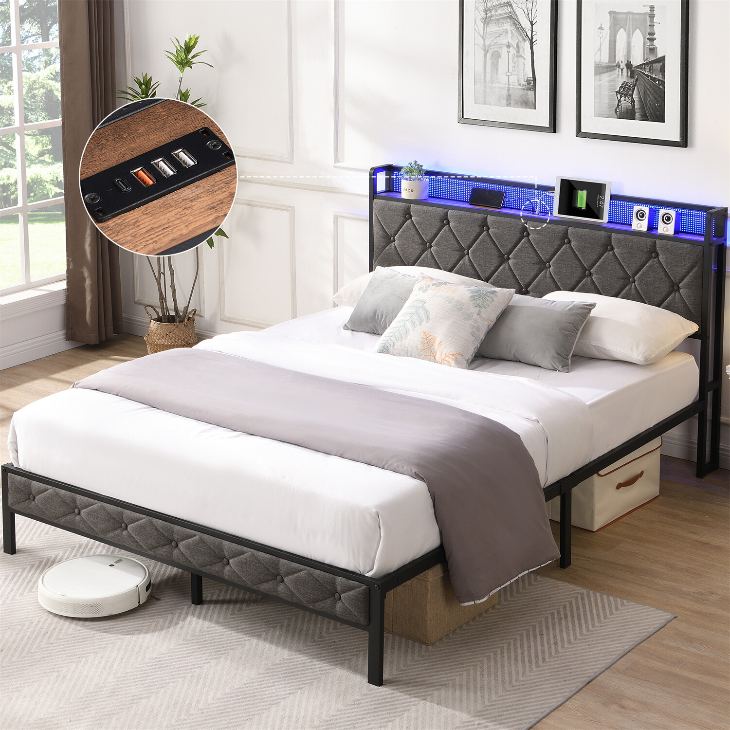 Full Size LED Bed Frame w/ Headboard and USB Port Upholstered Platform Bed Frame