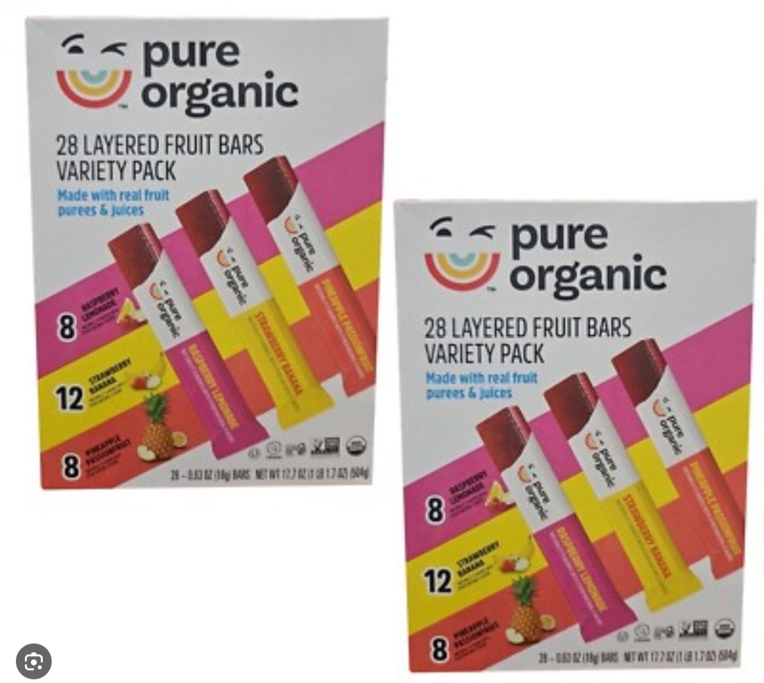 2 X Pure Organic Layered Fruit Bars, Variety Pack, 0.63 oz, 28-count