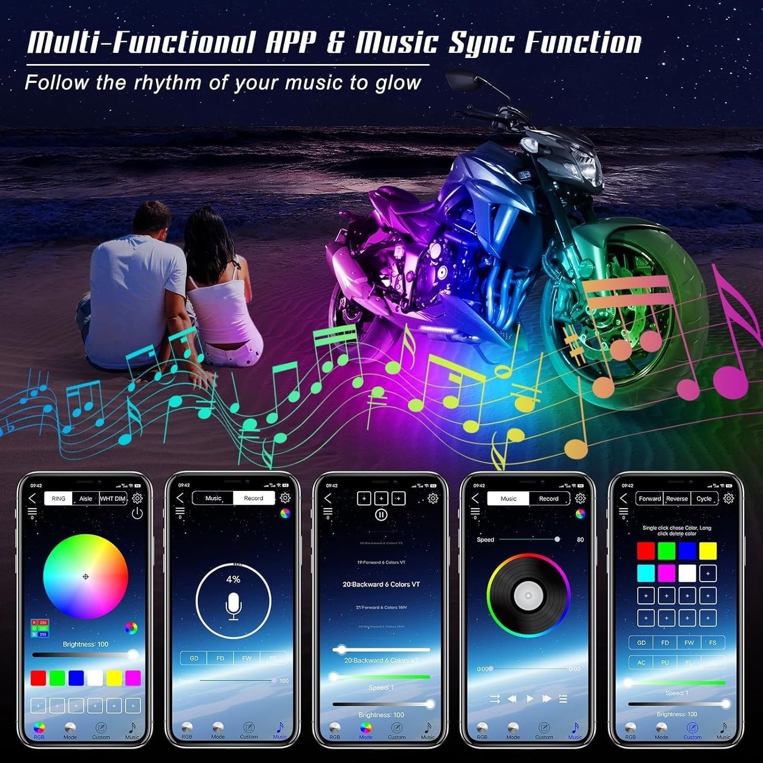 6 Pcs Motorcycle LED Light Kits, App Control Multicolor Waterproof Motorcycle...