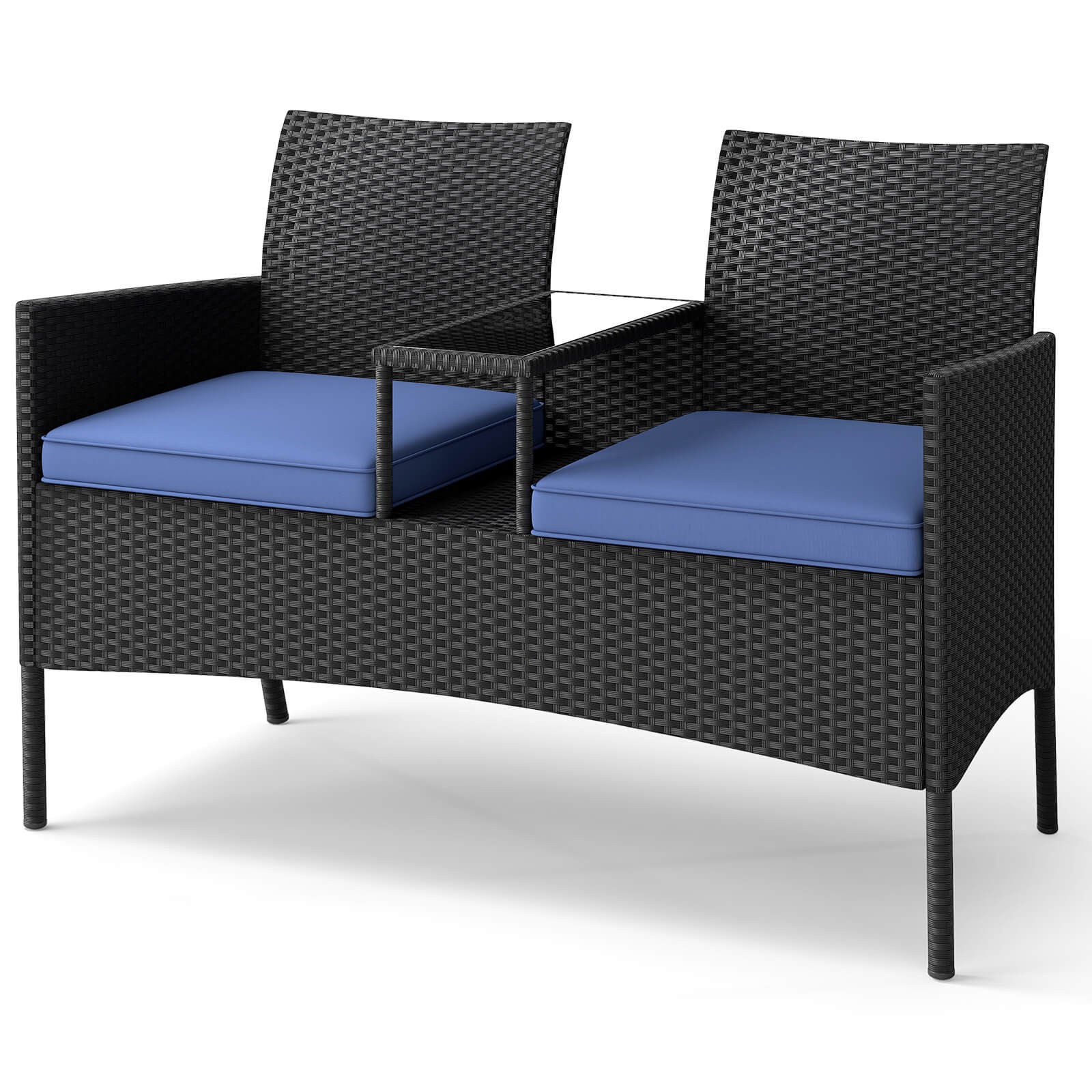 Patio Loveseat w/ Built-in Table Soft Cushions & Tempered Glass Tabletop