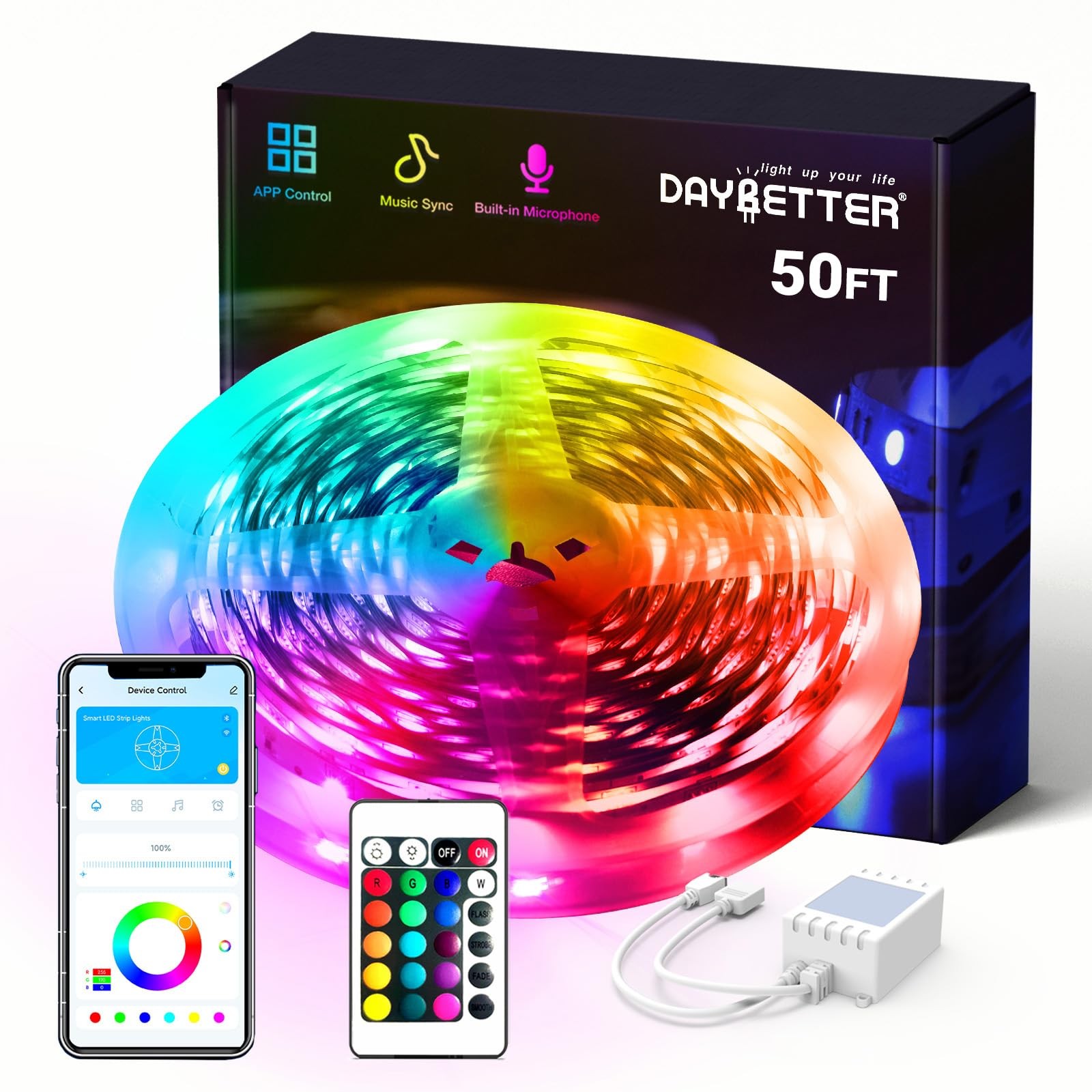 DAYBETTER Smart RGB Led Strip Lights, 50ft Lights for 50 ft, White