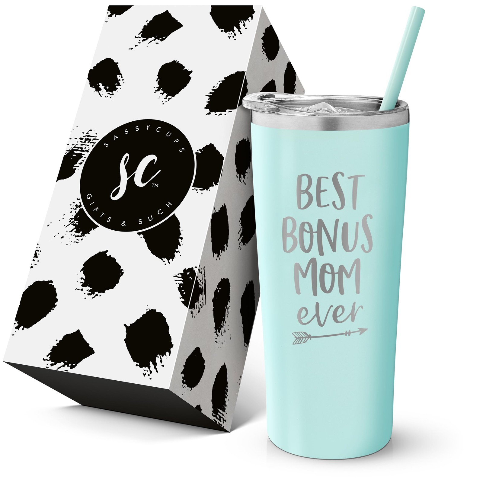 Best Bonus Mom Ever Tumbler 22 Ounce Engraved Mint Stainless Steel Gift Boxed
