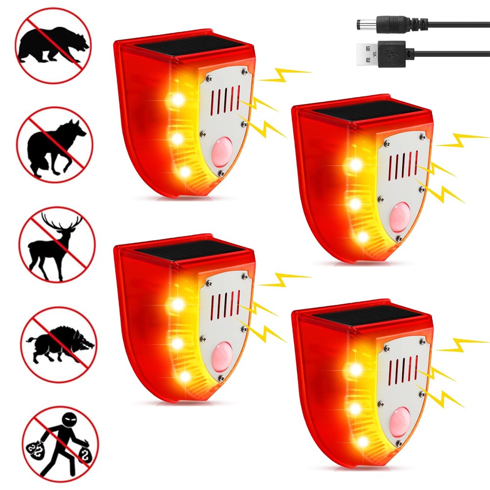 4 x Solar-Powered Outdoor Motion Sensor Alarm 129dB Dog Barking & Gunshot Sounds