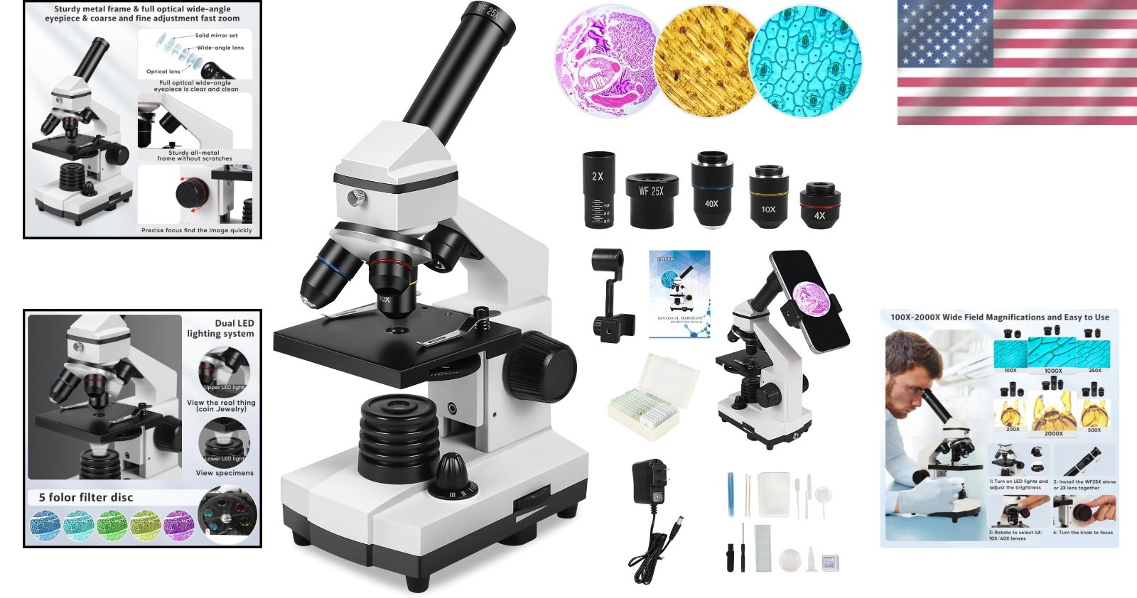 Professional Compound Microscope for Adults Kids 2000X w LED Light & Accessories