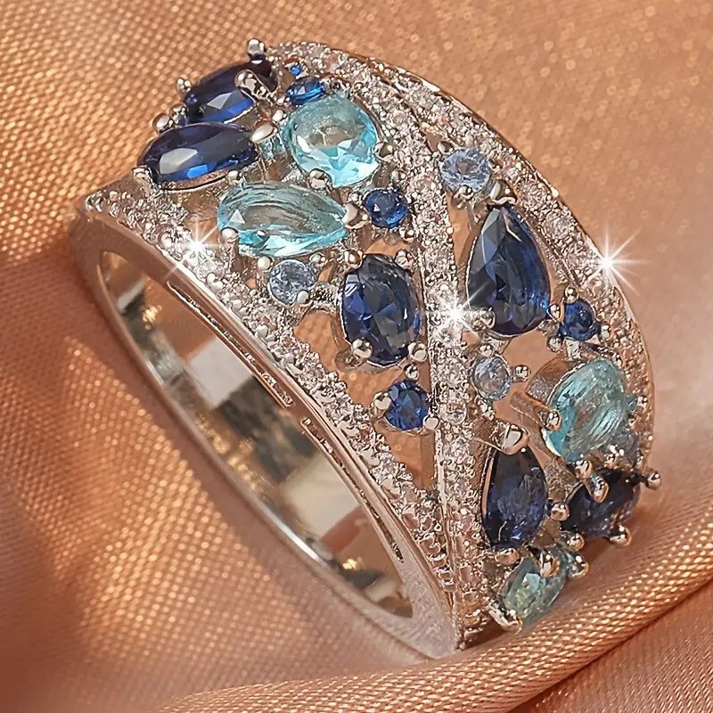 Elegant 925 Sterling Silver Blue White Topaz Wedding Engagement Ring Size 10