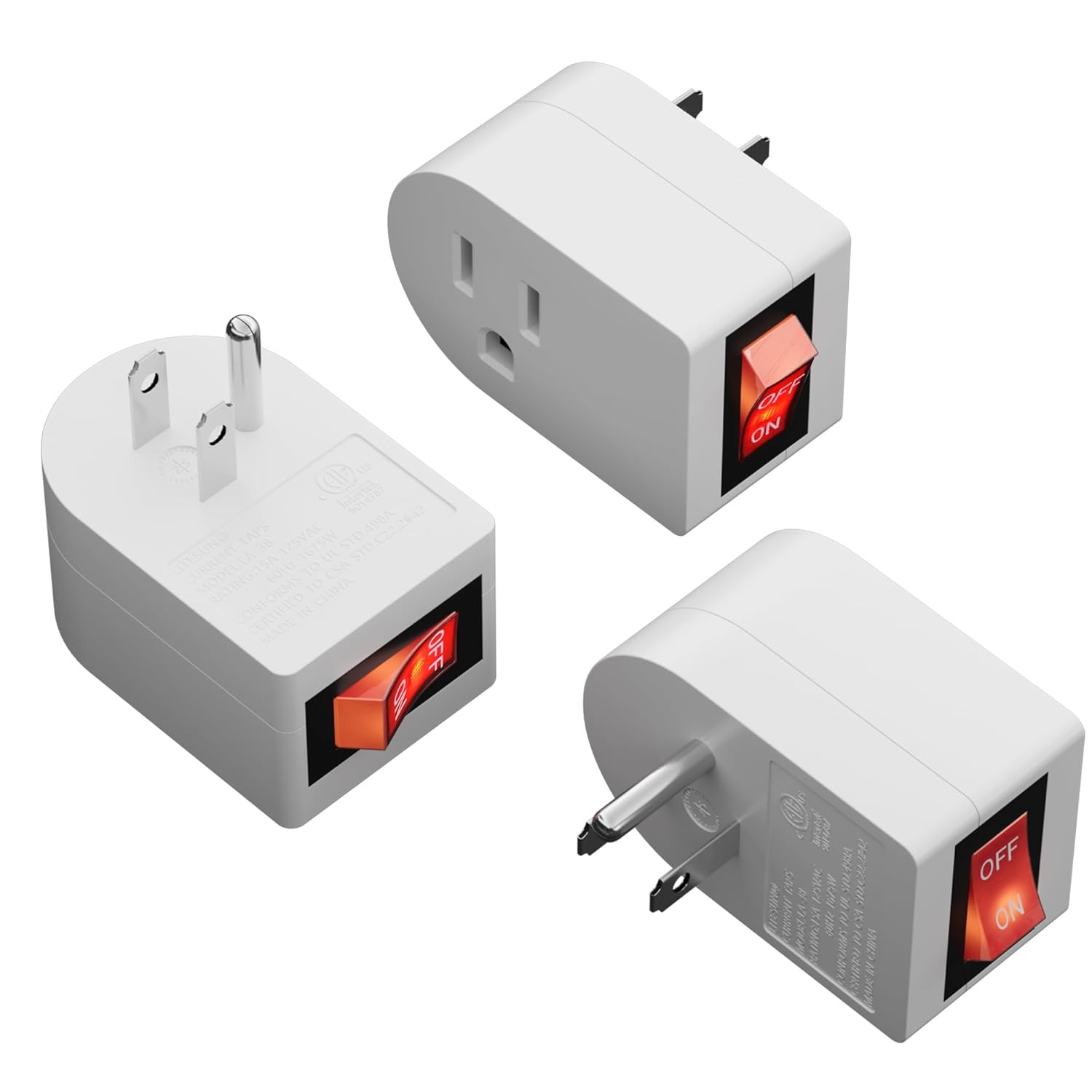 Grounded Outlet Extender with ON/Off Switch (3 Pack), 3 Prong Single Port Power