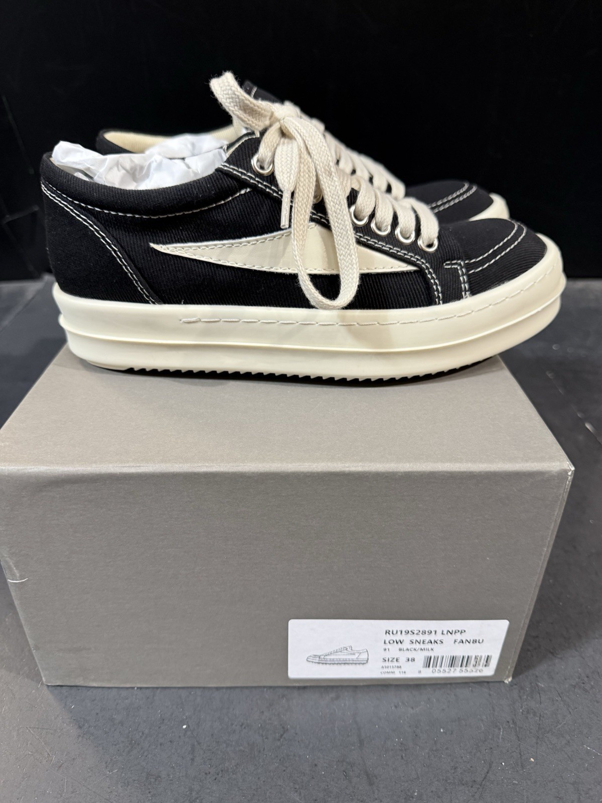 Rick Owens DRKSHDW Vintage Sneaks Brushed Cotton Black/Milk Size 38 US 8 NIB