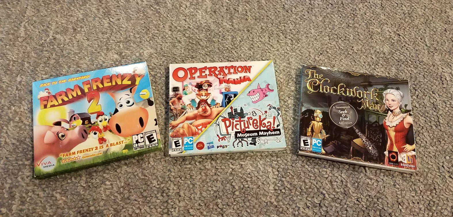PC GAME LOT, FARM FRENZY 2, THE CLOCKWORK MAN, 2 IN 1 OPERATION MANIA/PICTUREKA!