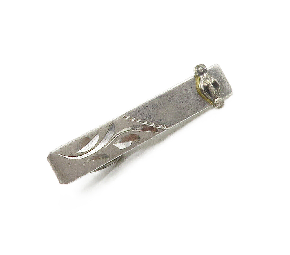 925 Sterling Silver  Vintage Shiny Etched Floral Vine Detail Tie Clip  TR2126