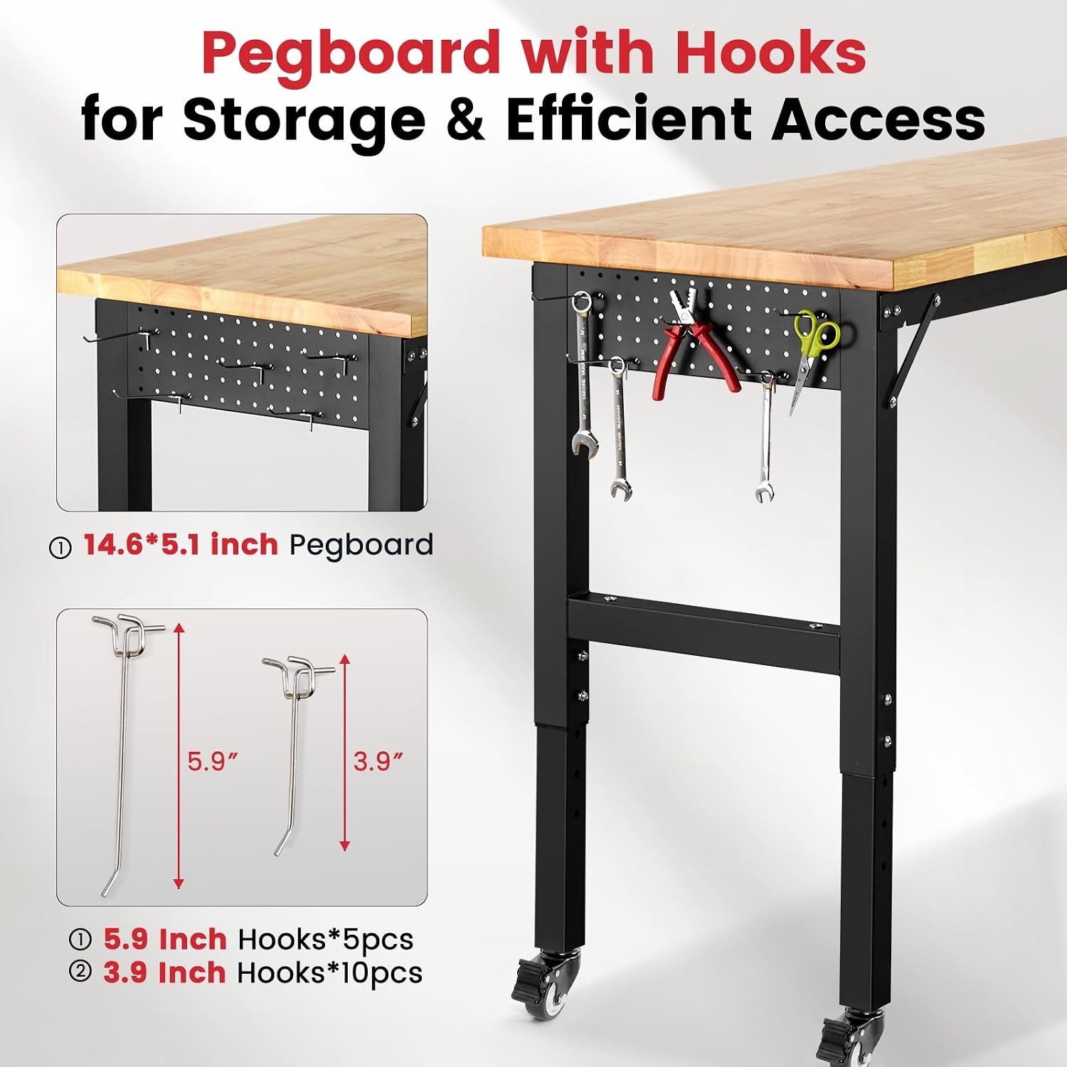 60" x 22" Workbench with Wheels Adjustable Height Work Table with Rubberwood