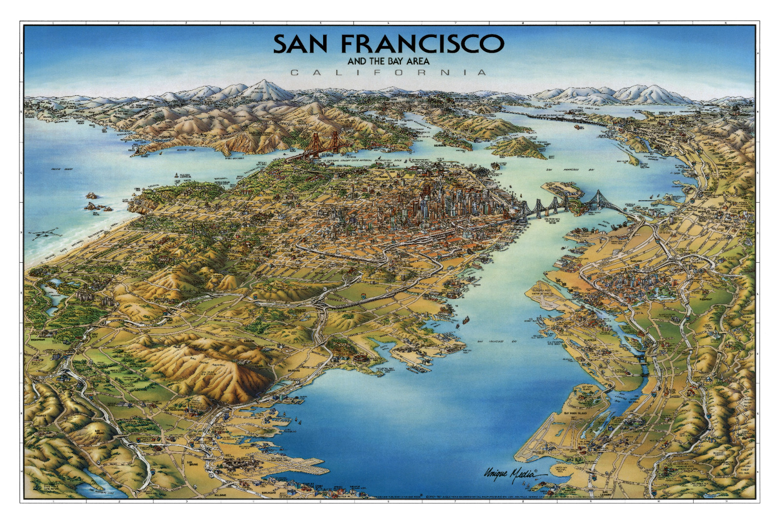 Unique Media Laminated Poster Map San Francisco & Bay Area Artistic Illustration