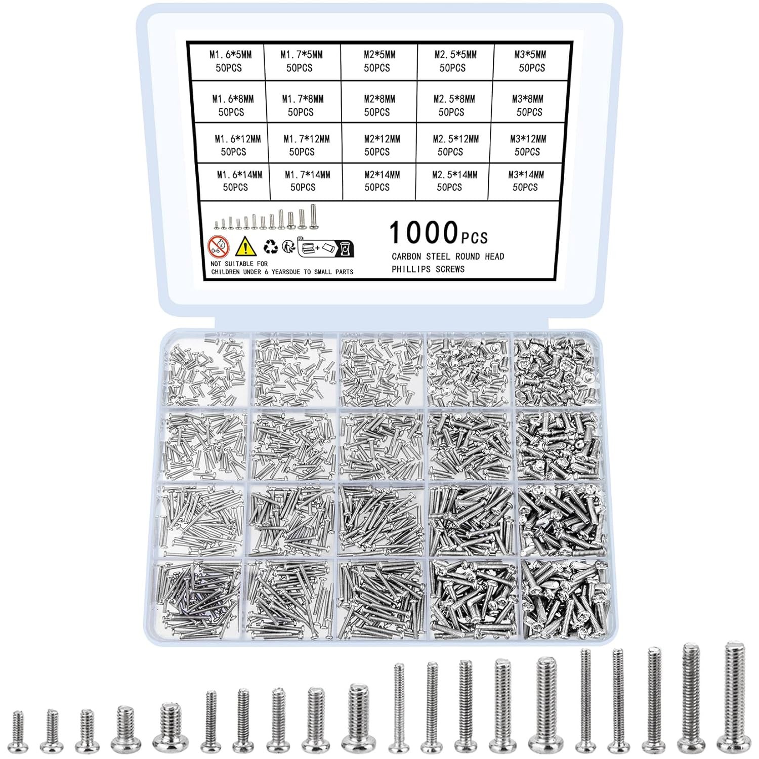 1000 Pcs Tiny Screws for Electronics, M1.6 M1.7 M2 M2.5 M3 Round Head Mini, Repl