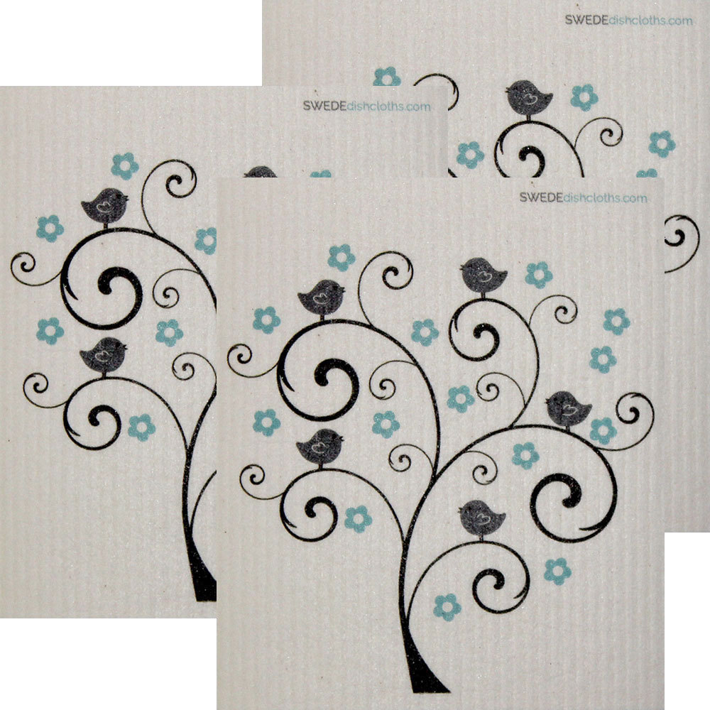 Bird and Flower Tree Set of 3 each Swedish Dishcloths | ECO Friendly Absorbent