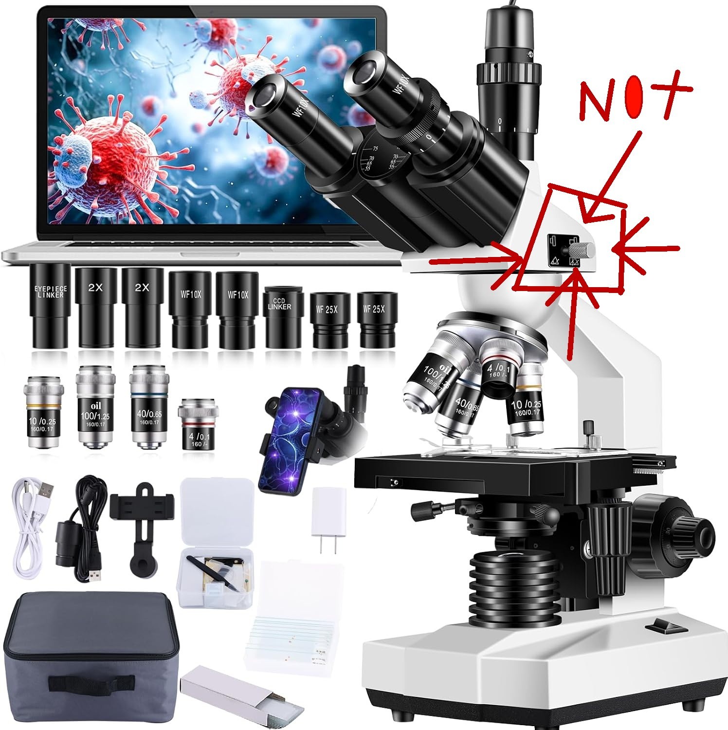 Needs calibration, Trinocular Microscope 40X-5000X Magnification ,