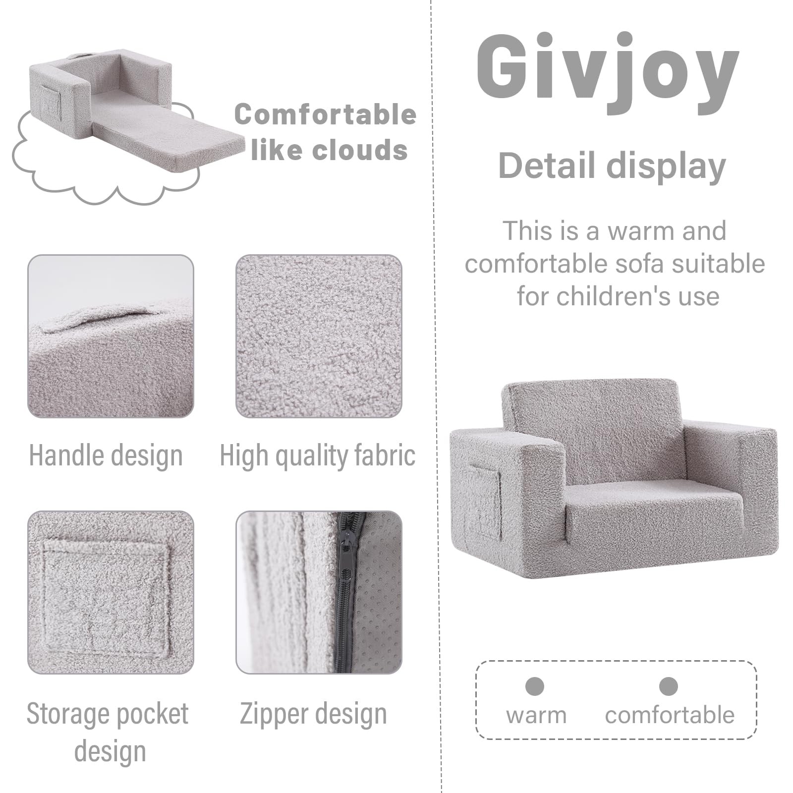 Givjoy Toddler Sherpa Kids Couch: 2-in-1 Sofa & Lounger, No Assembly