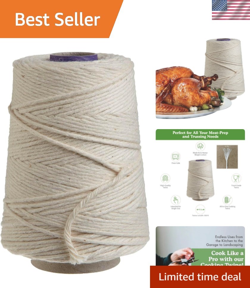 Butchers Cooking Twine, Heavy Duty, 500ft,16 Ply, 2.4mm, Food-Safe Cotton Kit...