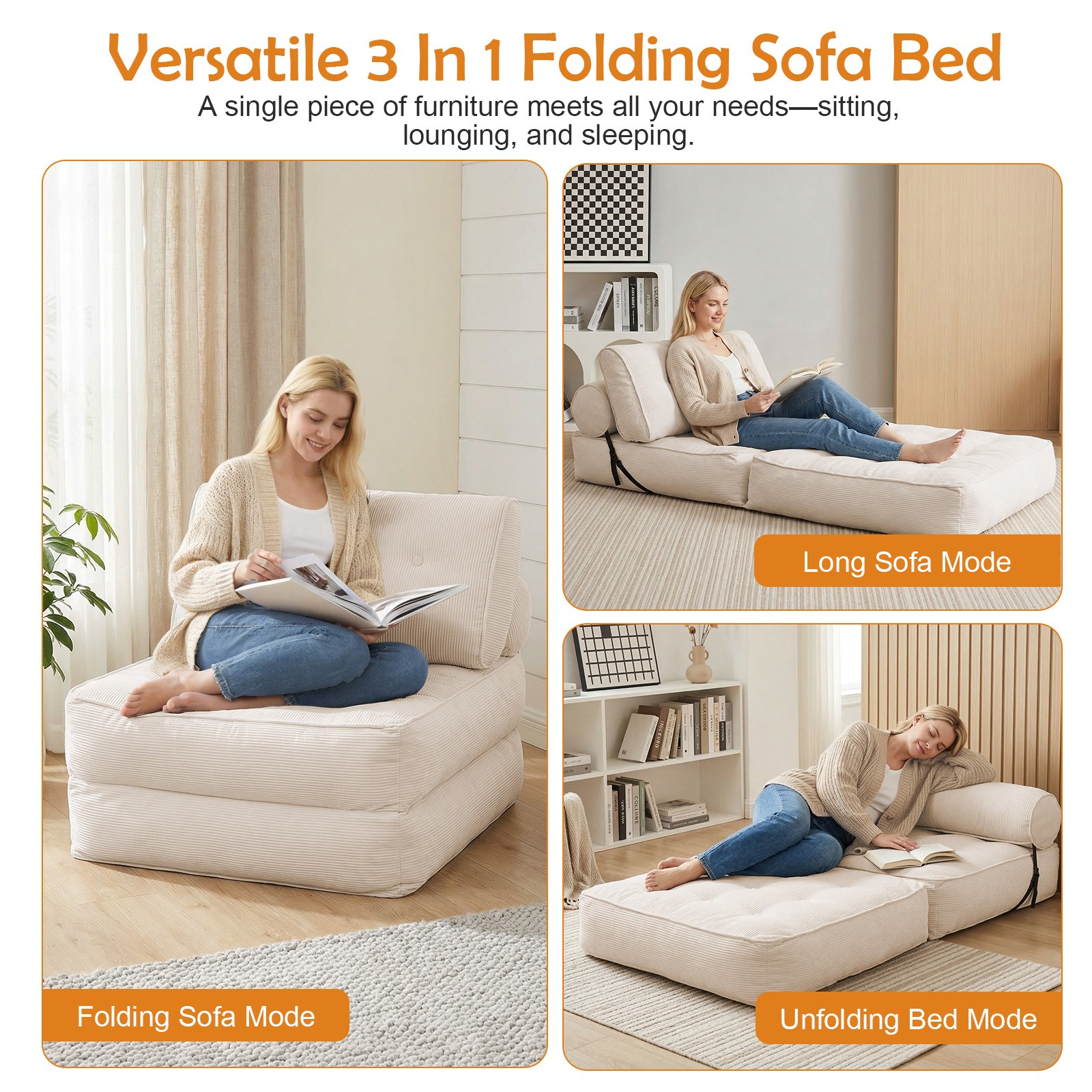 Foldable Single Sofa Bed, Convertible Sleeper Chair Bed Couches w/ Dual-Cushion