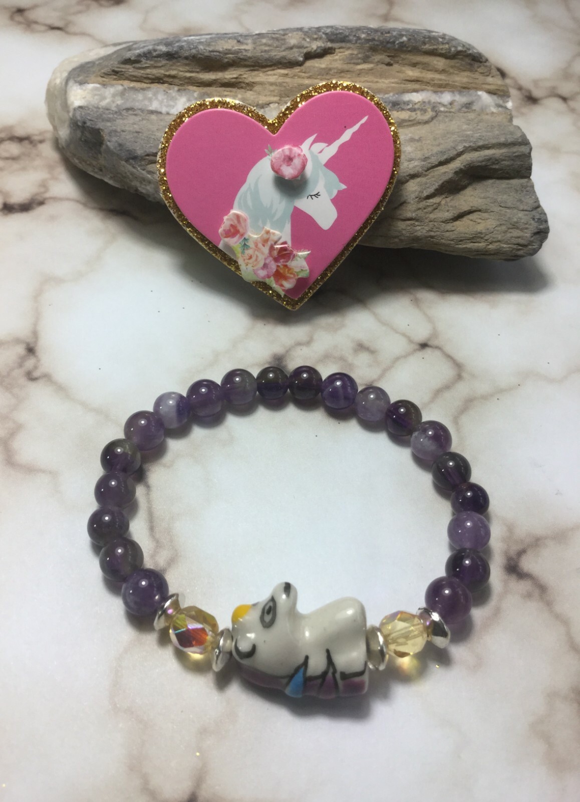 Handmade Unisex Amethyst Stone Unicorn Stretch Bracelet USA