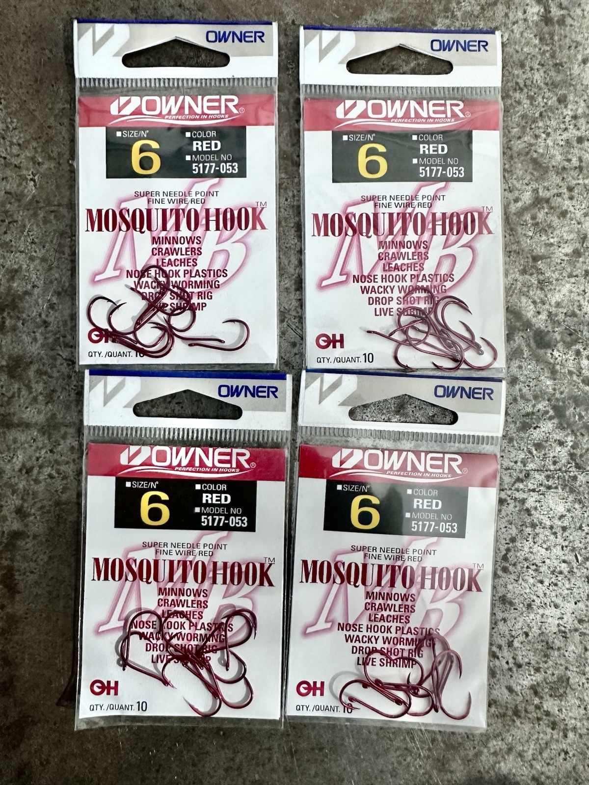 Owner Mosquito Light Wire Hook Red Chrome Size 6 - Lot Of 4 Packs