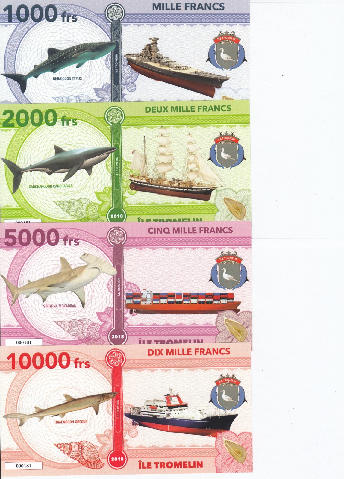 TROMELIN ISLAND (French) Set 4 unusual/fantasy notes 1000 2000 5000 10000 2018