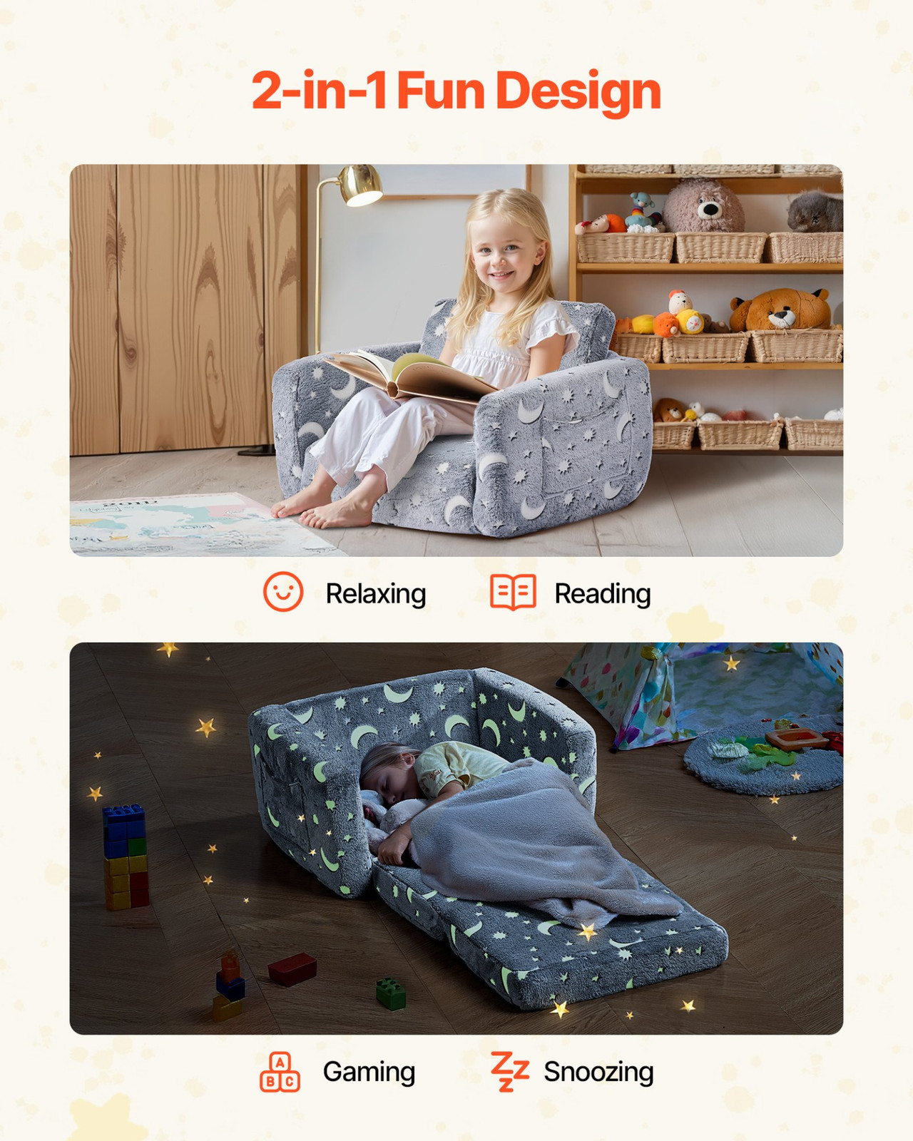 VEVOR Glow in Dark Kids Sofa, 2-in-1 Foldable Toddler Couch w/ Armrests, Gray