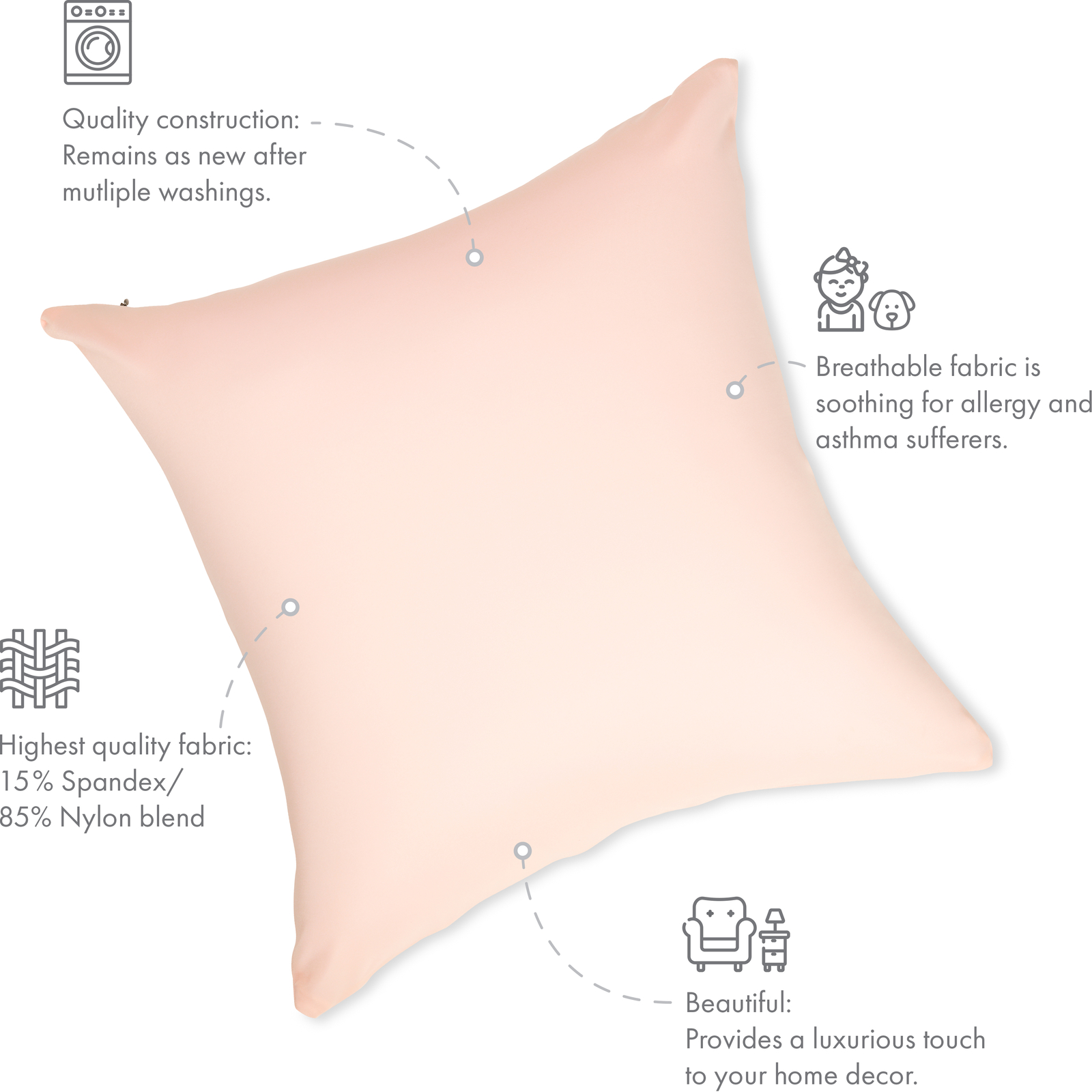 16" x 16" Cover Throw Pillowcases - 85/15 Nylon/Spand Cream Peach