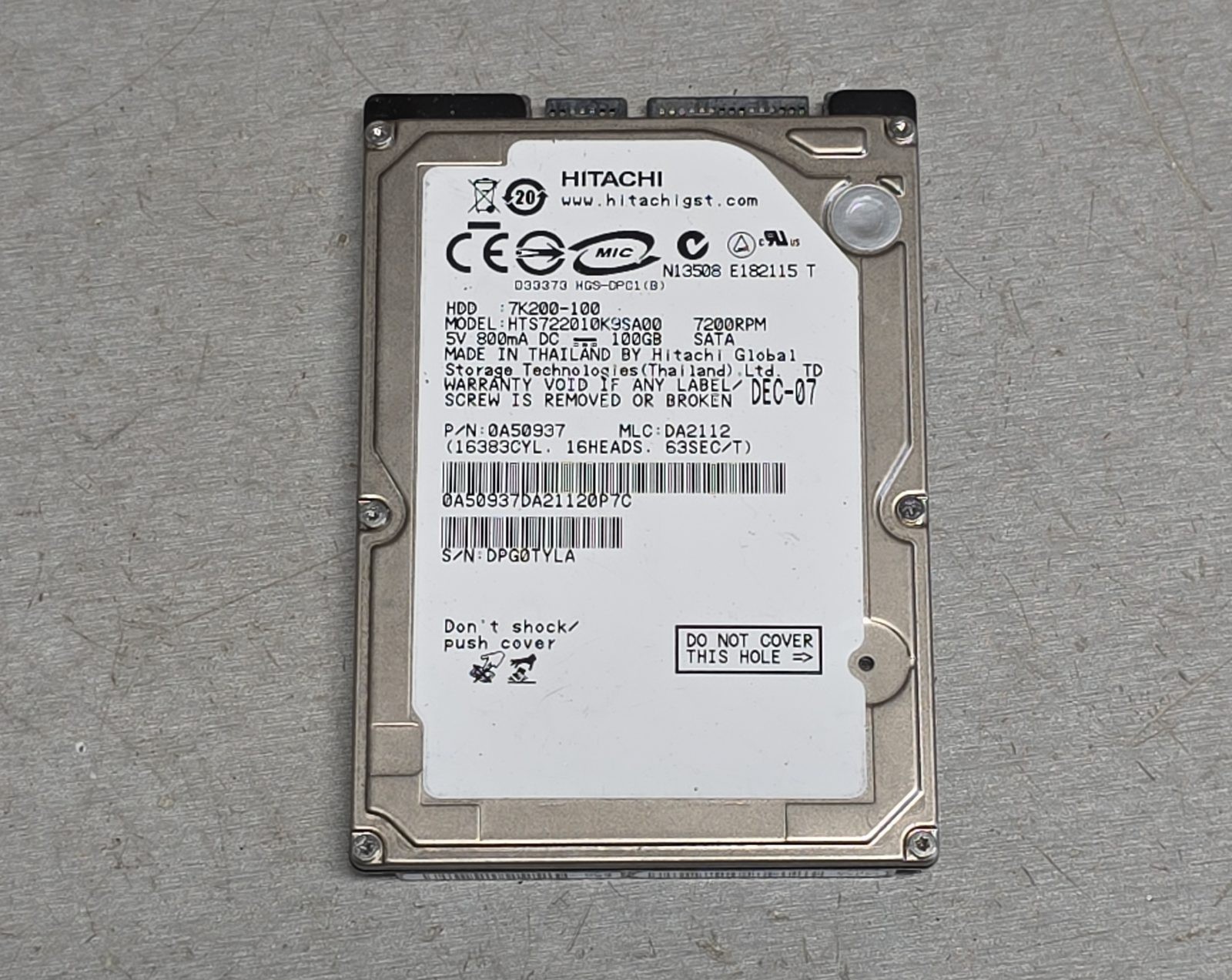 Hitachi 7K200-100 100GB 2.5" SATA 7200RPM Hard Drive HTS722010K9SA00