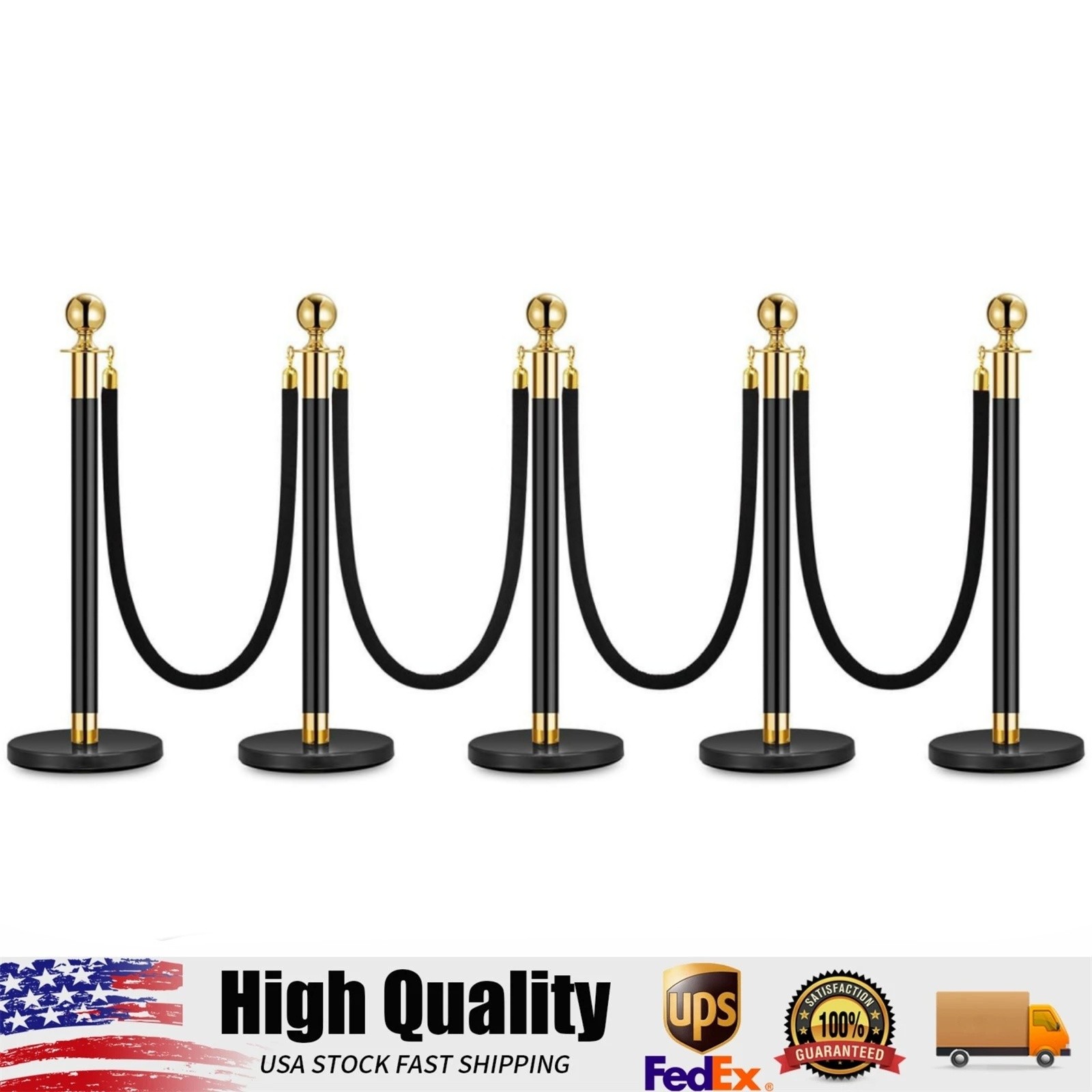 Stainless Steel Stanchions & Black Velvet Ropes Set, 5PCS Poles & 4PCS 5FT Ropes